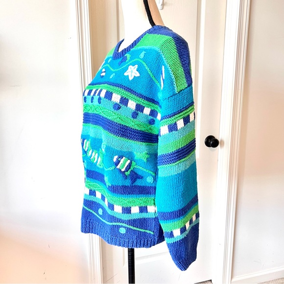 Vintage TALBOTS Ramie Cotton Embroidered Ocean Fish Crew Neck Sweater—SZ. Med - Picture 4 of 13